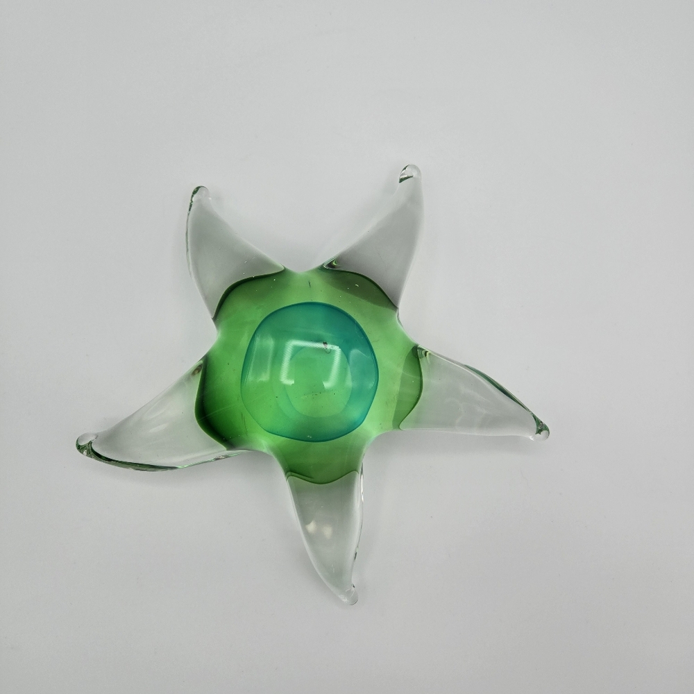 Hand Blown Starfish Glass Paperweight Green Clear Thick Heavy 2.6lb